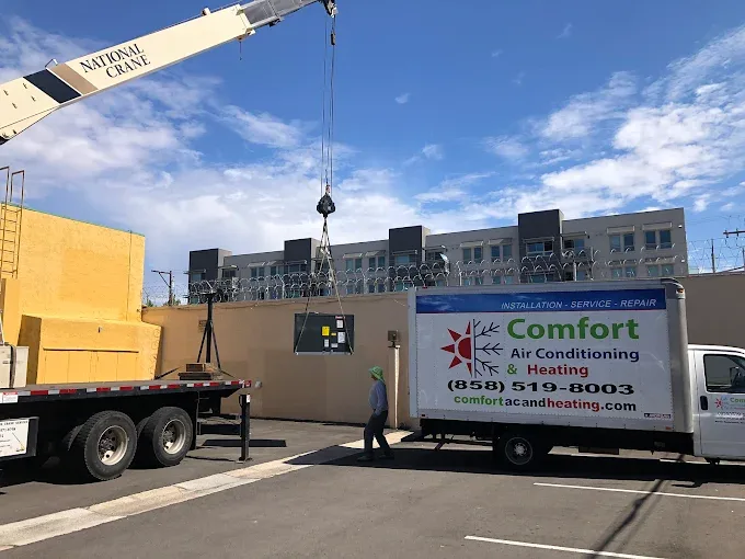 Comfort Air Conditioning & Heating crew crane-lifting an HVAC unit on a San Diego job site, branded box truck in the foreground