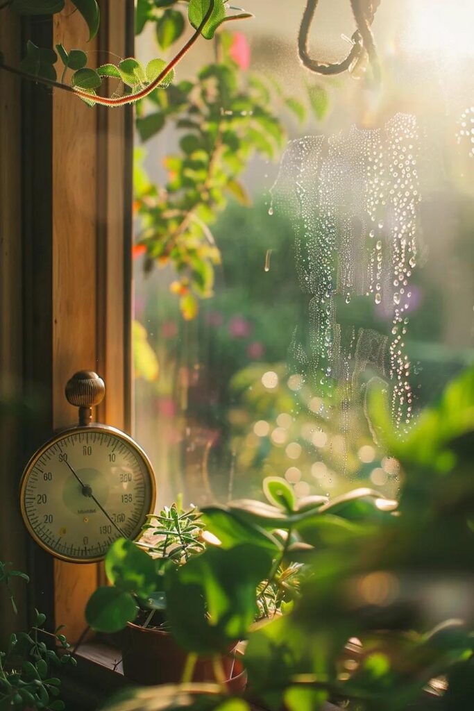 A hygrometer showing ideal indoor humidity levels in a bright San Diego home