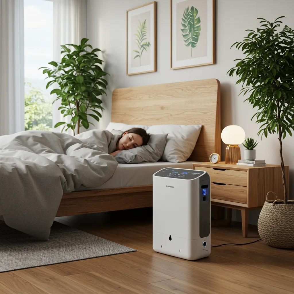 A whole-house humidifier in a peaceful bedroom, promoting healthy skin and easier breathing
