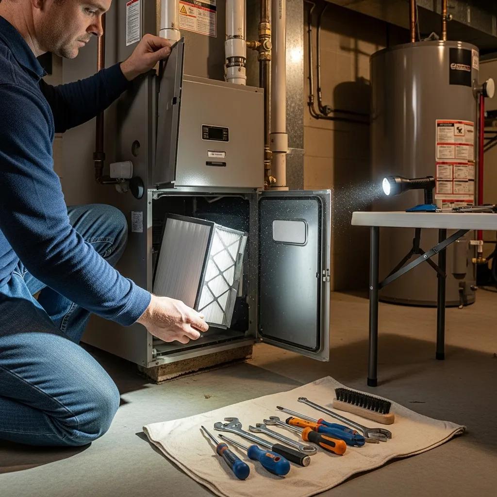 Essential Heating Maintenance Checklist for Homeowners 2 Homeowner performing DIY maintenance on a heating system, replacing air filter, surrounded by tools, emphasizing practical tasks for heating efficiency and safety.